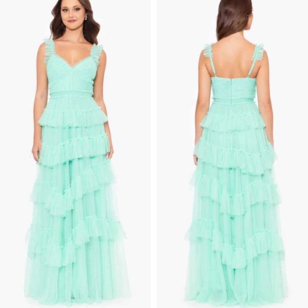 Betsy & Adam Mint Green Ruffle Ball Dress